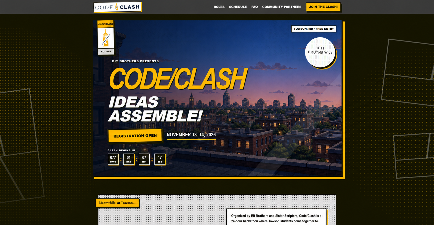 CODE/CLASH event website homepage featuring the Towson skyline and event countdown