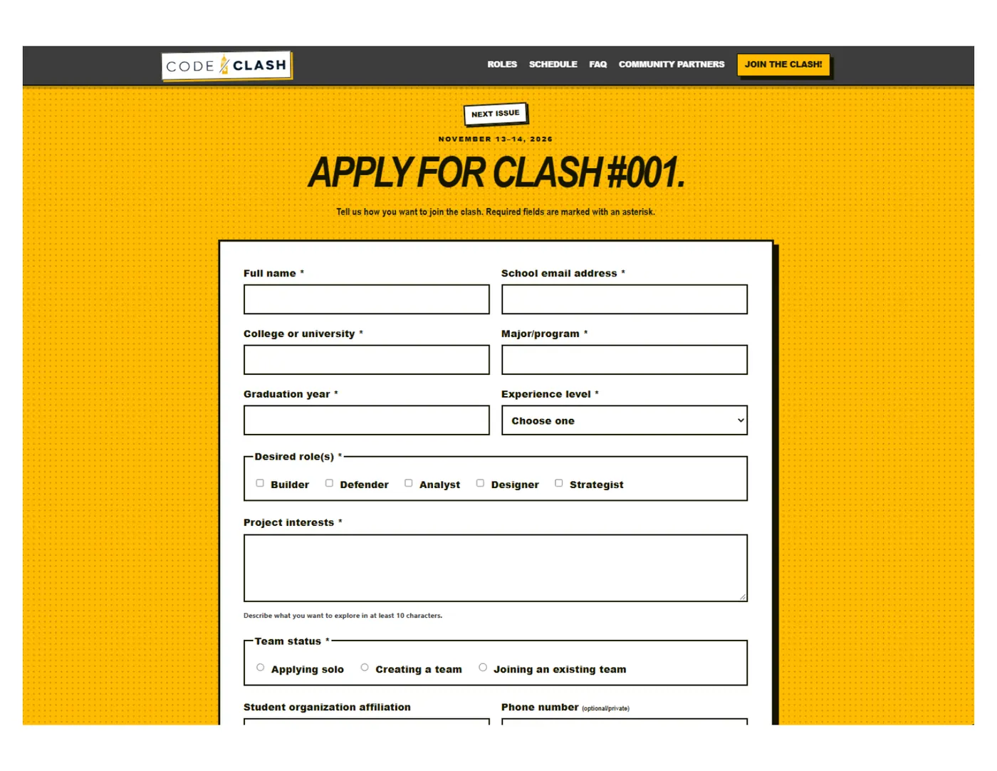 Earlier CODE/CLASH application form collecting participant information, preferred roles, and team status