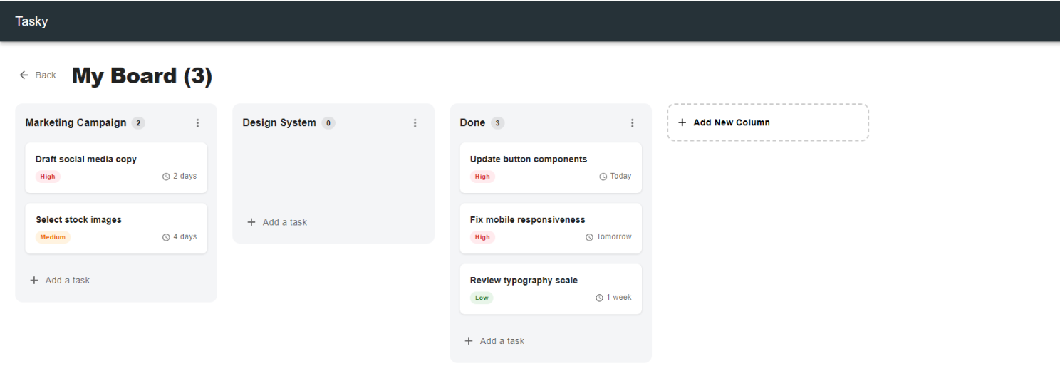 Tasky kanban board organized by task status