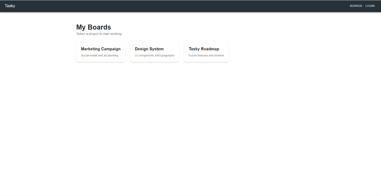Tasky board directory showing marketing, design system, and product roadmap boards