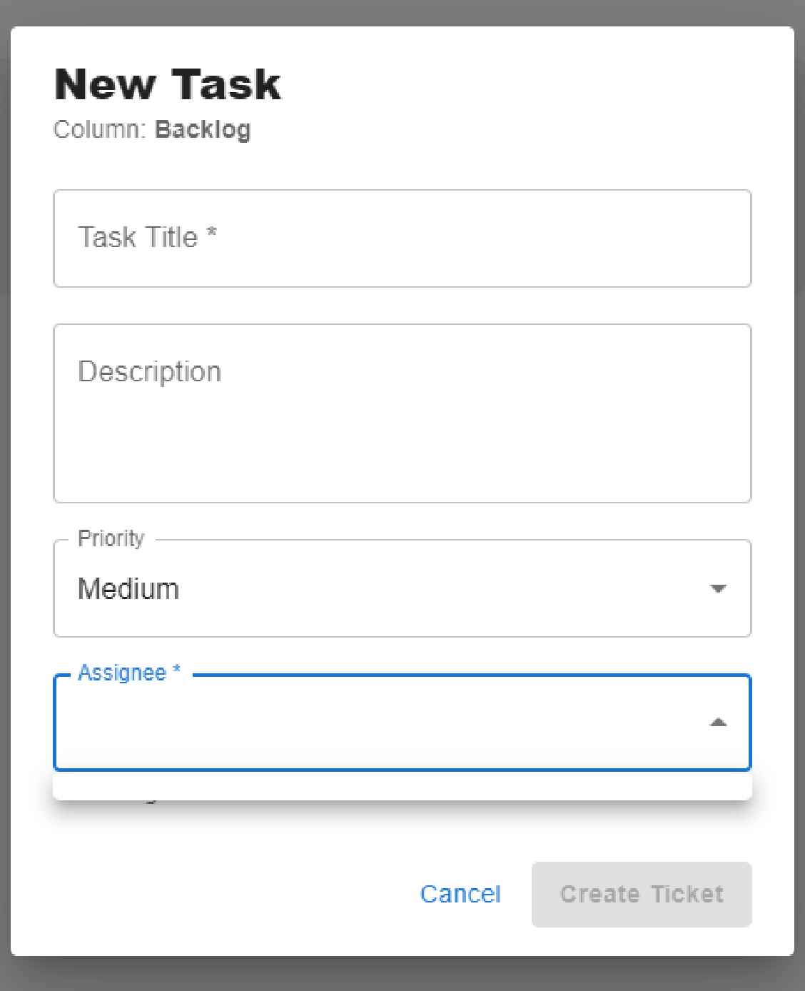 Tasky new ticket form with title, description, priority, and assignee fields